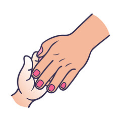 Stylized depiction of two hands intertwined conveying support and care colorful vector icon