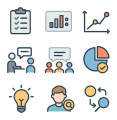 Market Research Icons. Flat icon set of market research: clipboard survey, data sample, trend curve, interview