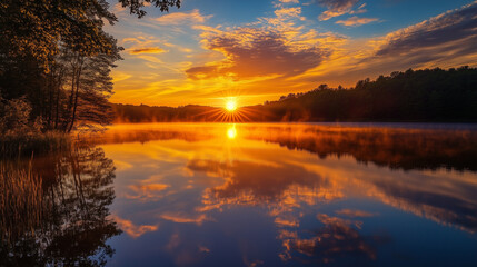 Obraz premium serene sunrise over still lake with orange reflection