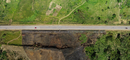 Burn out vegetation on one side of the street and undergrowth on the other aerial view