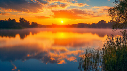 Obraz premium serene sunrise over still lake with orange reflection
