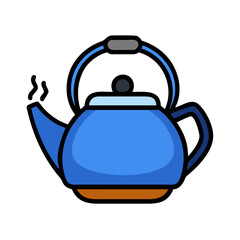 Simple cartoon illustration of a blue tea kettle with steam coming out colorful vector icon