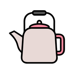 Stylized tea kettle illustration with pink accents and thick black outlines. colorful vector icon