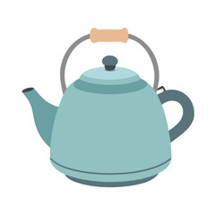 Stylized teal teapot with wooden handle against a plain transparent background colorful vector icon
