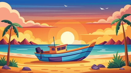 Tropical Beach Sunset Scene with Boat, Palm Trees, and Distant Mountains Artwork