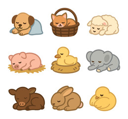 Animal Sleep Cycle Icons. Flat icon set of animal sleep cycles: REM chart, curled-up cat, dog twitching in
