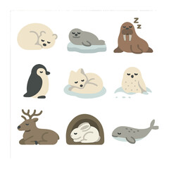 Sleeping Bird Icons. Flat icon set of birds sleeping: owl perched asleep, flamingo standing, parrot tucked