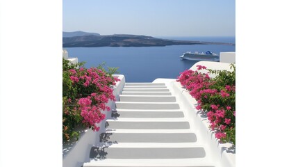 White steps with pink flowers leading to a scenic ocean view.