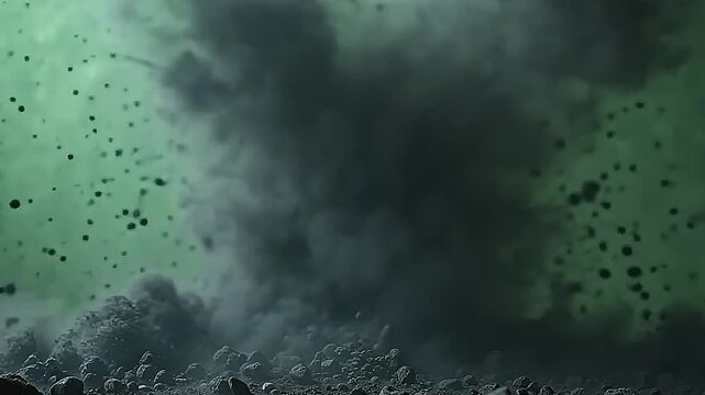 A dramatic moment captures explode black ash wind sweeping rapidly across a textured green background, the swirling ash creating layered patterns in motion.
