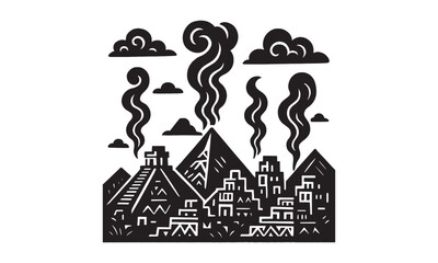 Black and white illustration of ancient mayan city with volcanic eruption and smoke