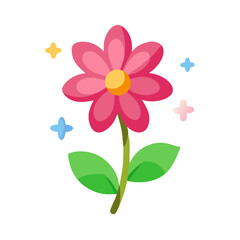 A pretty pink flower with a yellow center and green leaves illustration colorful vector icon