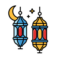 Elegant and colorful Ramadan lanterns with crescent moon and star decoration colorful vector icon