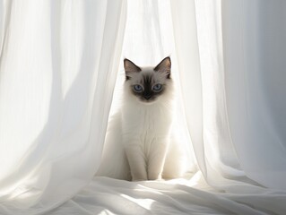 Balinese cat sits gracefully in flowing sheer fabric, elegant and serene indoor setting.