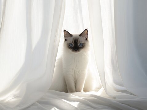 Balinese cat sits gracefully in flowing sheer fabric, elegant and serene indoor setting.