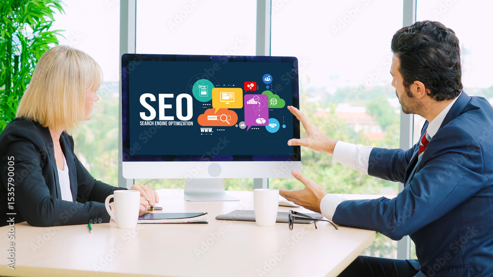 Poster seo search engine optimization for modish e-commerce and online retail business showing on computer 