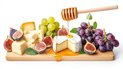 A delicious cheese platter featuring honey, figs, grapes, and assorted cheeses for a perfect snack.