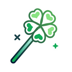 A whimsical four leaf clover wand surrounded by simple star shapes colorful vector icon