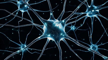 Close-up view of glowing neurons in a dark background, highlighting the complexity of the nervous system.