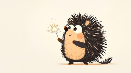 A cute cartoon hedgehog holding a sparkler, showcasing whimsy and joy in a playful illustration.