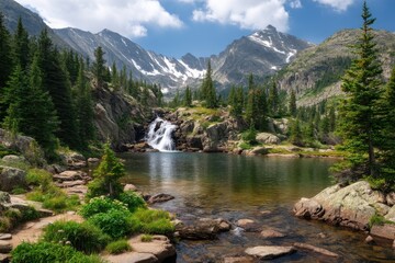 Mountain lake with waterfall scenery on white background