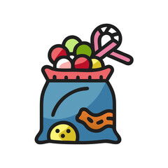 Colorful candy in a blue bag including a pink candy cane stick colorful vector icon