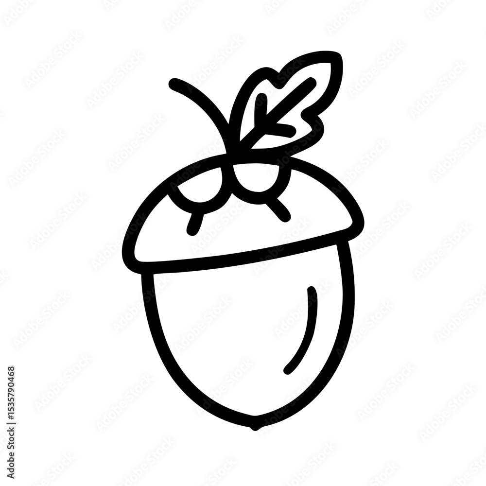 Poster simple line art drawing of an acorn with leaf detail on top colorful vector icon