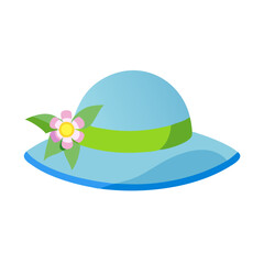 Fototapeta premium A fashionable light blue hat with a green ribbon and flower decoration colorful vector icon