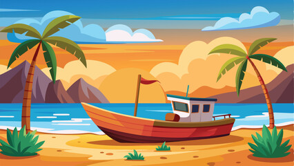 Cartoon Beach Scene with Boat, Palm Trees, Mountains and a Calm Ocean