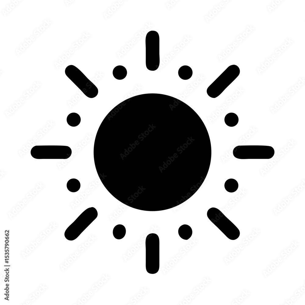 Poster stylized sun icon with rays depicted by lines and dots in black colorful vector icon