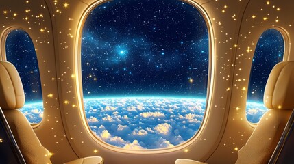 A stunning view of Earth from an airplane window, showcasing clouds and a starry sky, perfect for travel themes.
