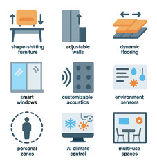 Smart Security Icons. Flat icon set of smart security systems: facial recognition, motion sensor, smart locks,