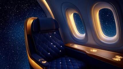 Empty airplane seat by window showing night sky filled with stars, emphasizing comfort and travel experience.