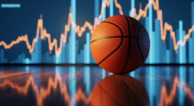 Close-up of orange basketball on wood floor, blurred financial graph background, showcasing financial markets and sports business connection