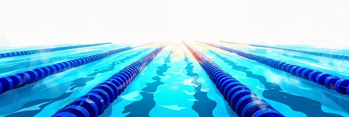 Abstract perspective of swimming pool lanes with vibrant blue lanes and reflective water surface, bright illumination creating a dynamic atmosphere, concept of sports or fitness.