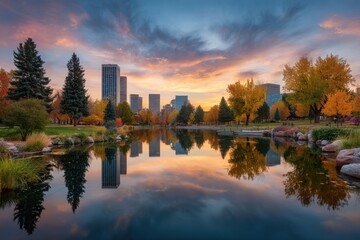 City skyline reflected in lake on white background