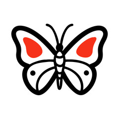 Graphic butterfly illustration with black outline and red details against white colorful vector icon