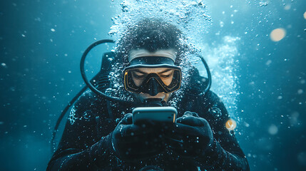 Diver Using Smartphone Underwater Surrounded by Bubbles in Deep Ocean