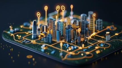 A futuristic cityscape model with glowing pins representing connectivity and digital networks.