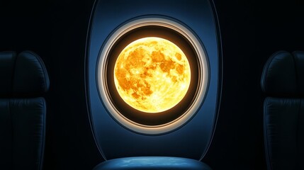 A stunning view of a bright full moon from an airplane window, showcasing a surreal cosmic experience.