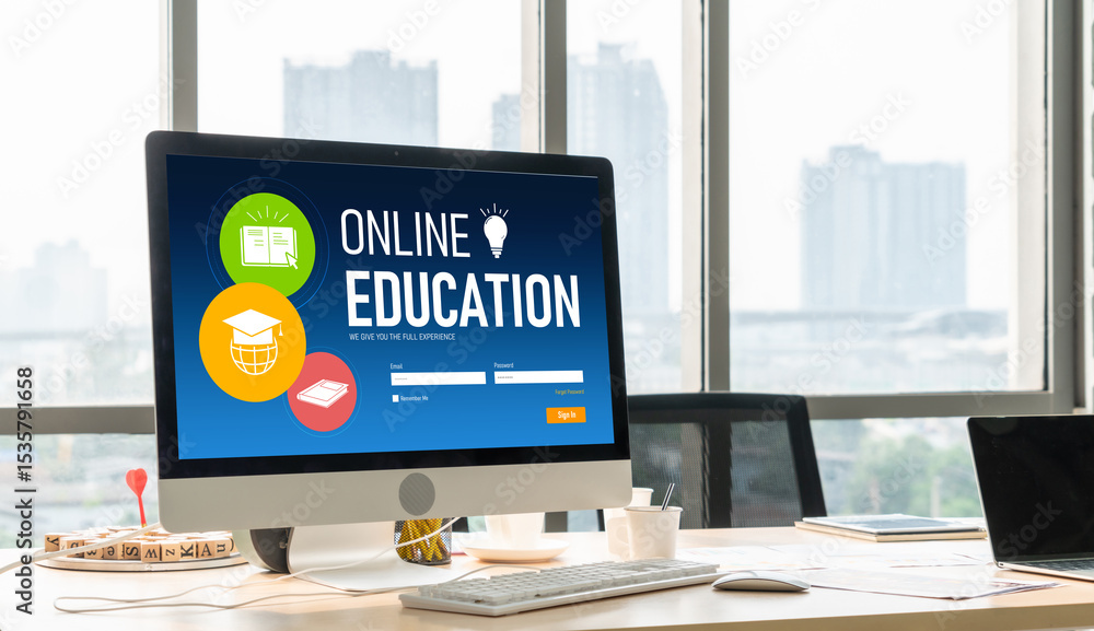 Poster e-learning website with modish sofware for student to study online on the internet network