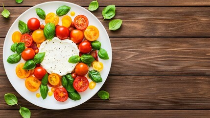 Vibrant salad with assorted tomatoes and fresh basil, served on a wooden table.