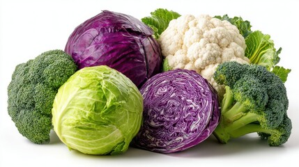 Fresh broccoli, cabbage, and cauliflower isolated on white background
