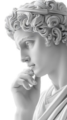 White marble statue of a man in deep thought pose