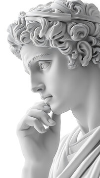 White marble statue of a man in deep thought pose