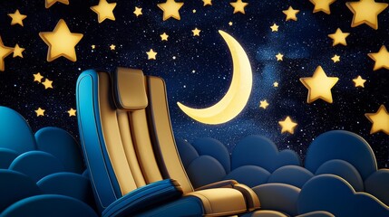 A cozy armchair under a starry night sky, perfect for relaxation and dreaming, surrounded by clouds and moonlight.