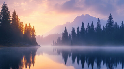 serene mountain lake at sunrise with misty pine trees