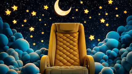 A cozy armchair surrounded by dreamy clouds and twinkling stars, evoking a sense of peace and tranquility.