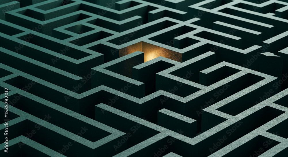 Poster Dark teal maze with glowing exit, representing challenge, solution, and path to success, ideal for problem-solving or goal-oriented concepts