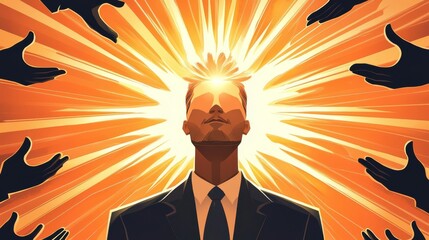 An illustration depicting enlightenment and inspiration through a powerful human silhouette surrounded by radiant energy.
