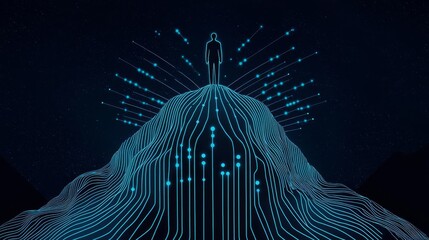 A digital representation of a person standing on a mountain of data, symbolizing technology and innovation.